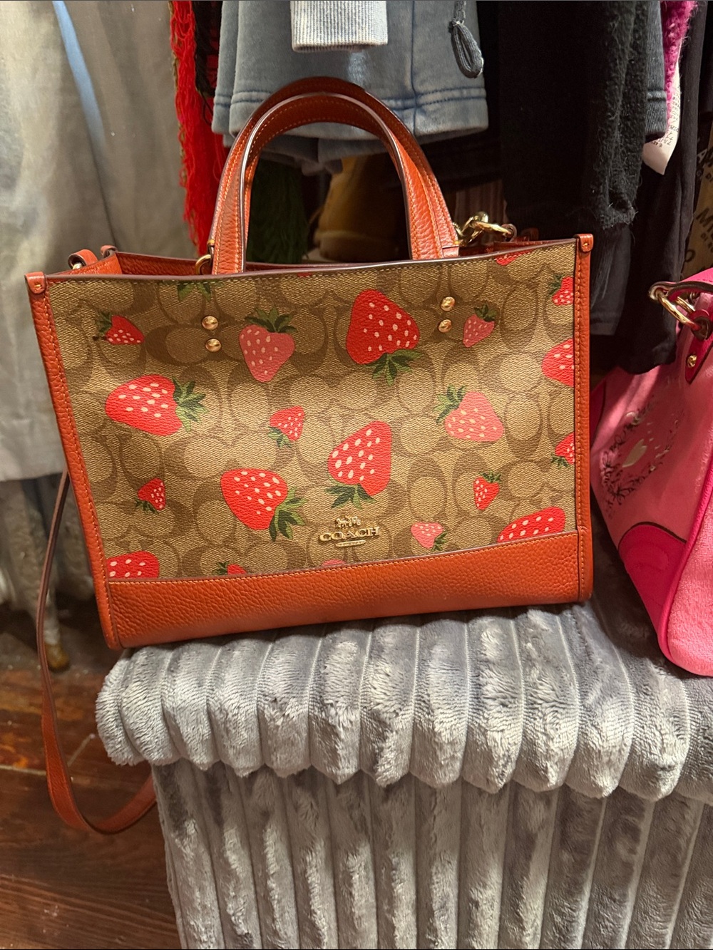Coach Strawberry Print Signature Canvas Tote in Orange